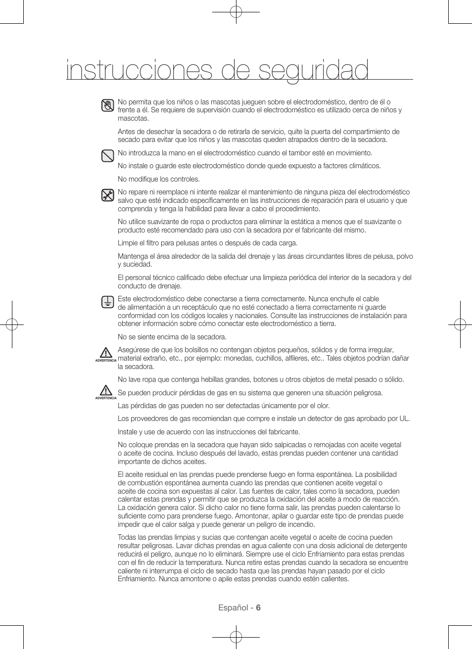 Instrucciones de seguridad | Samsung DV56H9100EW-A2 User Manual | Page 94 / 132