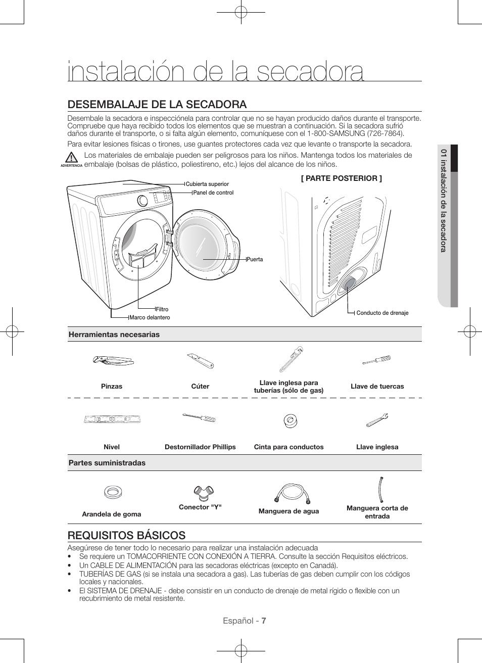 Instalación de la secadora, Desembalaje de la secadora, Requisitos básicos | Samsung DV56H9100EW-A2 User Manual | Page 95 / 132