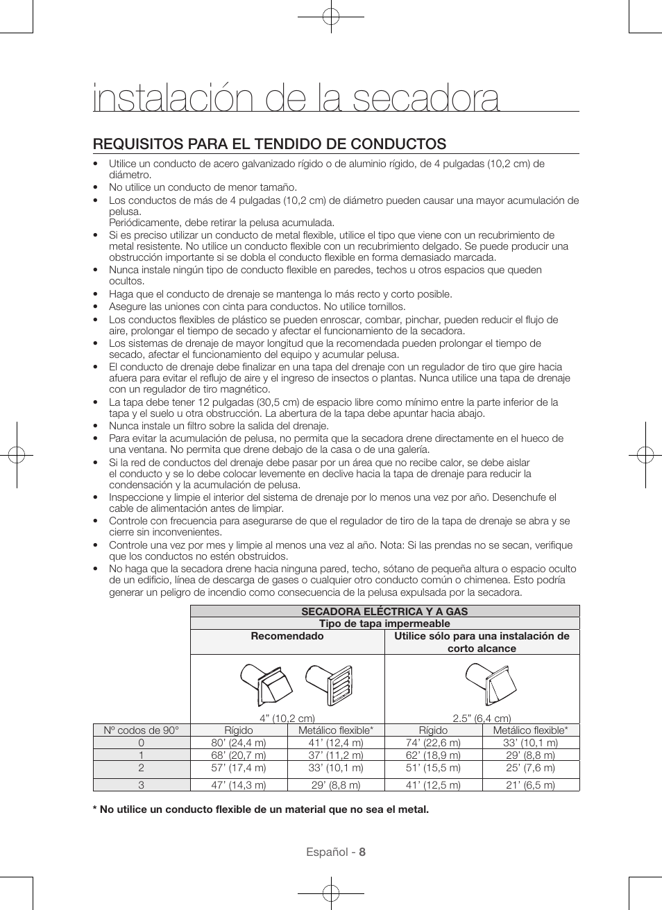 Instalación de la secadora, Requisitos para el tendido de conductos | Samsung DV56H9100EW-A2 User Manual | Page 96 / 132