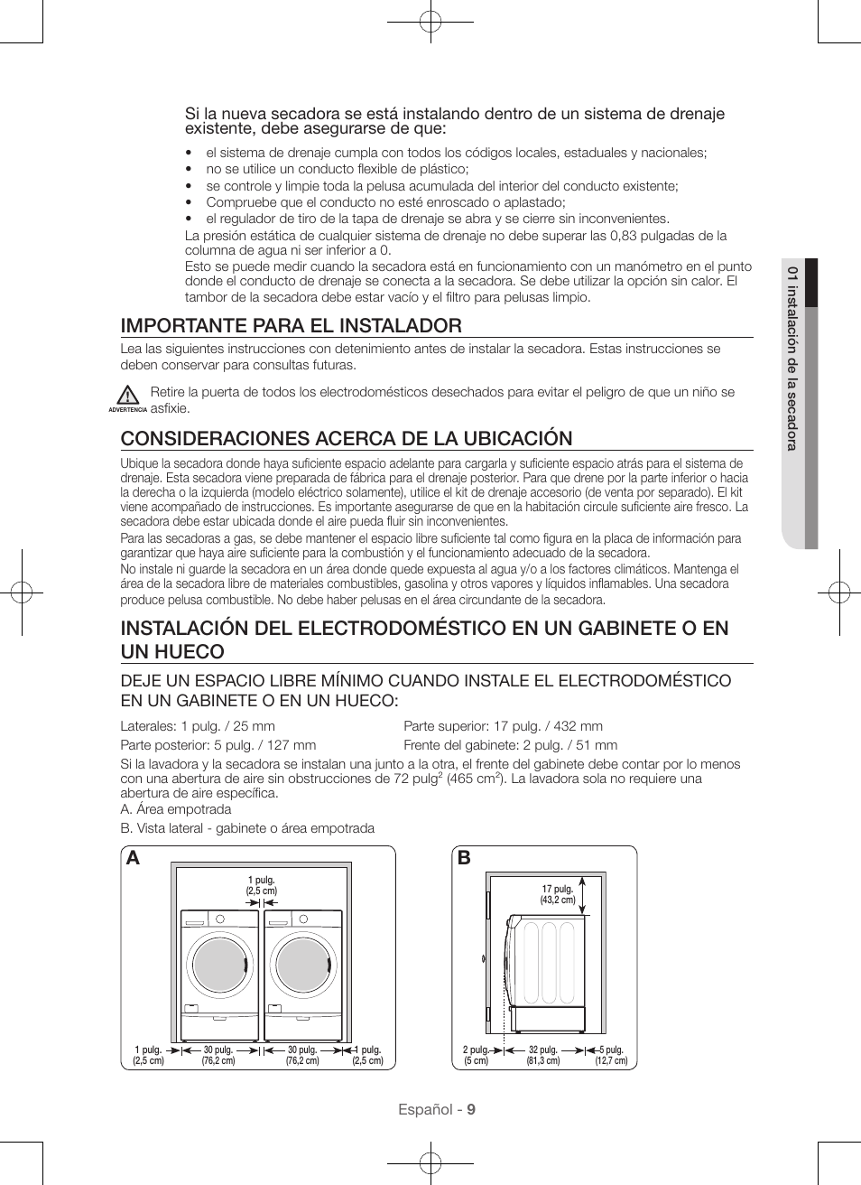 Importante para el instalador, Consideraciones acerca de la ubicación | Samsung DV56H9100EW-A2 User Manual | Page 97 / 132