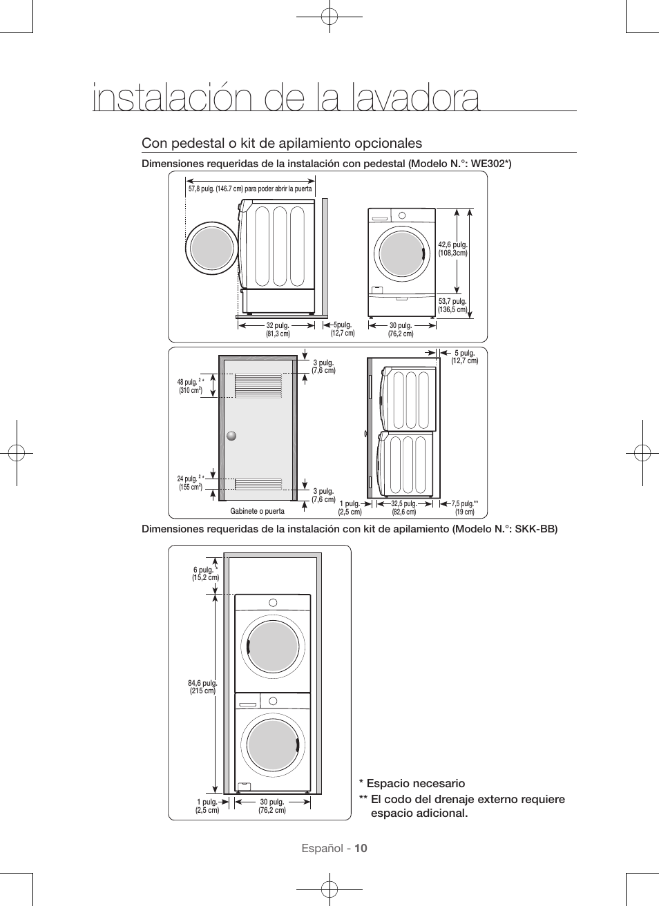 Instalación de la lavadora, Con pedestal o kit de apilamiento opcionales | Samsung DV56H9100EW-A2 User Manual | Page 98 / 132