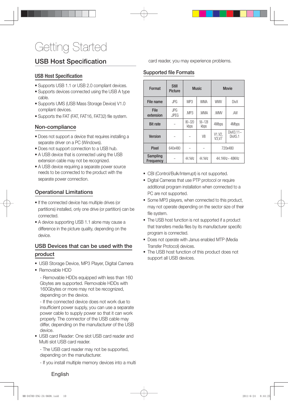 Getting started, Usb host specifi cation | Samsung MM-D470D-ZA User Manual | Page 10 / 41