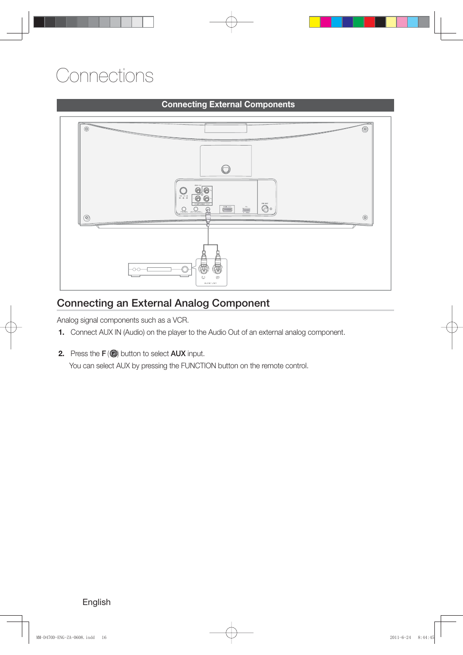 Connections, Connecting an external analog component | Samsung MM-D470D-ZA User Manual | Page 16 / 41