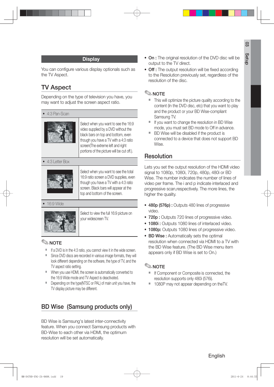 Tv aspect, Bd wise (samsung products only), Resolution | Samsung MM-D470D-ZA User Manual | Page 19 / 41