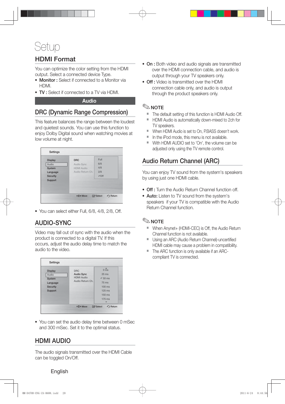 Setup, Hdmi format, Drc (dynamic range compression) | Audio-sync, Hdmi audio, Audio return channel (arc) | Samsung MM-D470D-ZA User Manual | Page 20 / 41