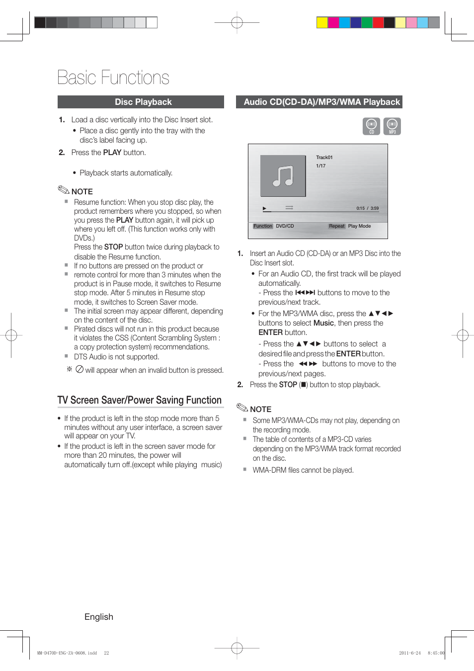 Basic functions, Tv screen saver/power saving function | Samsung MM-D470D-ZA User Manual | Page 22 / 41