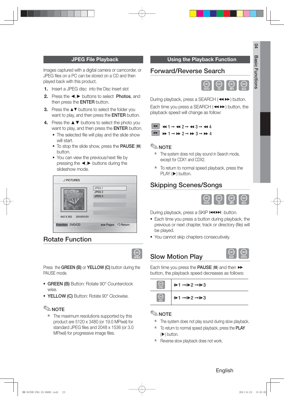 Dbad, Rotate function, Forward/reverse search | Skipping scenes/songs, Slow motion play | Samsung MM-D470D-ZA User Manual | Page 23 / 41
