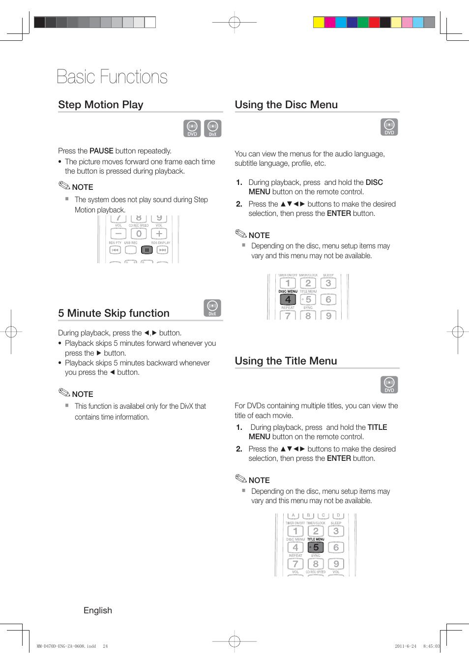 Basic functions, Step motion play, 5 minute skip function | Using the disc menu, Using the title menu | Samsung MM-D470D-ZA User Manual | Page 24 / 41