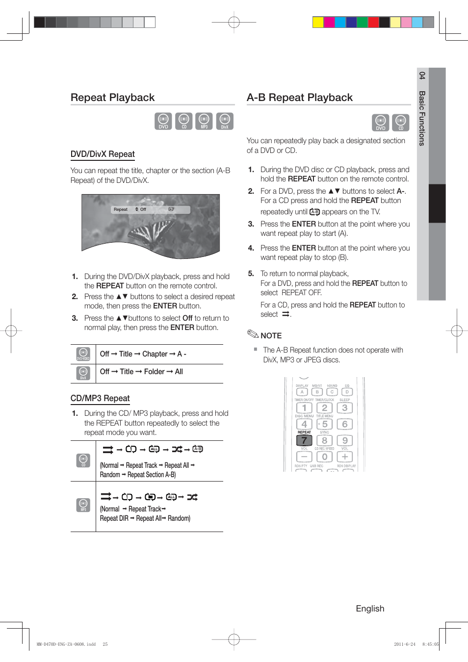 Dbad, Repeat playback, A-b repeat playback | Samsung MM-D470D-ZA User Manual | Page 25 / 41