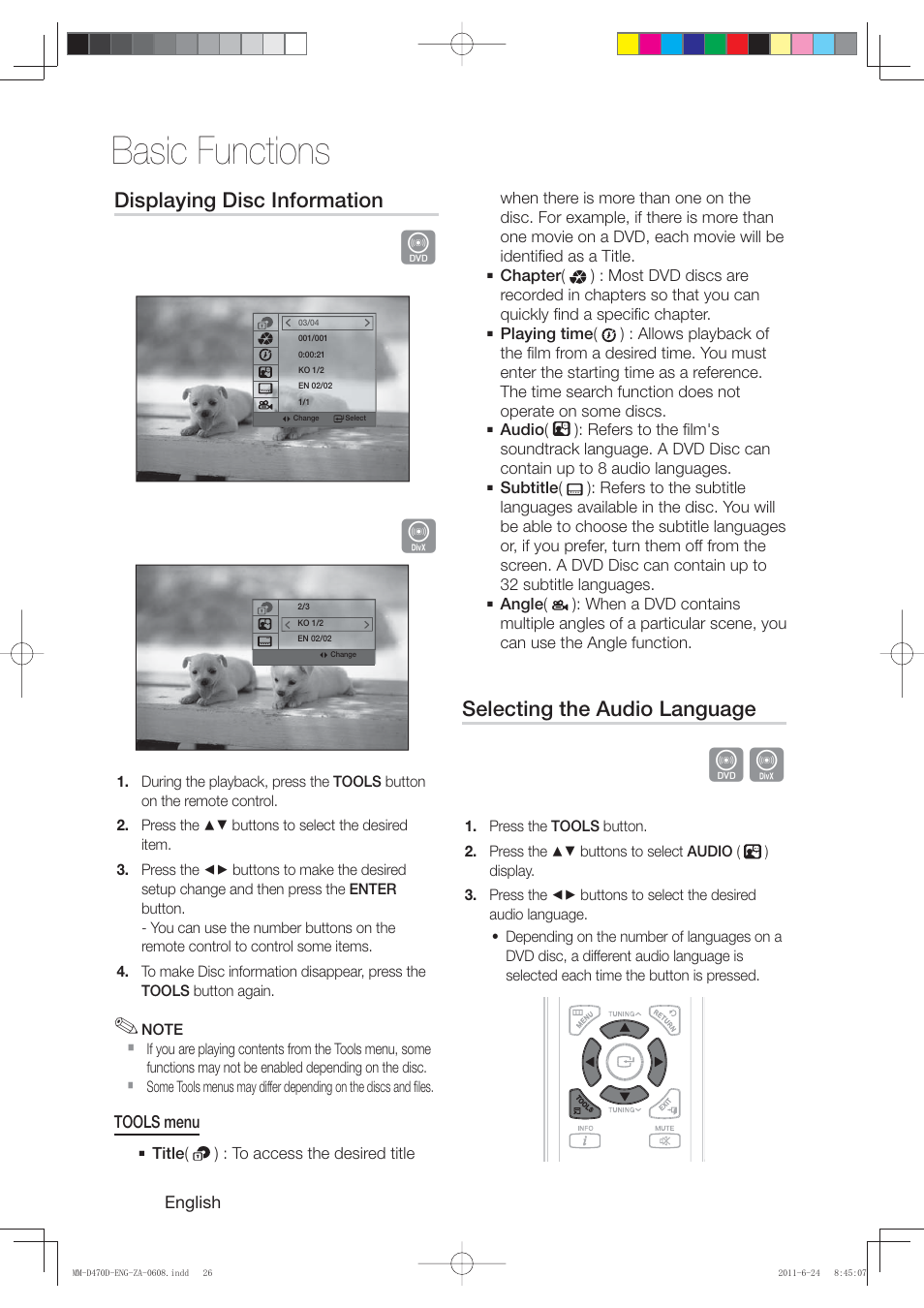 Basic functions, Displaying disc information, Selecting the audio language | Samsung MM-D470D-ZA User Manual | Page 26 / 41