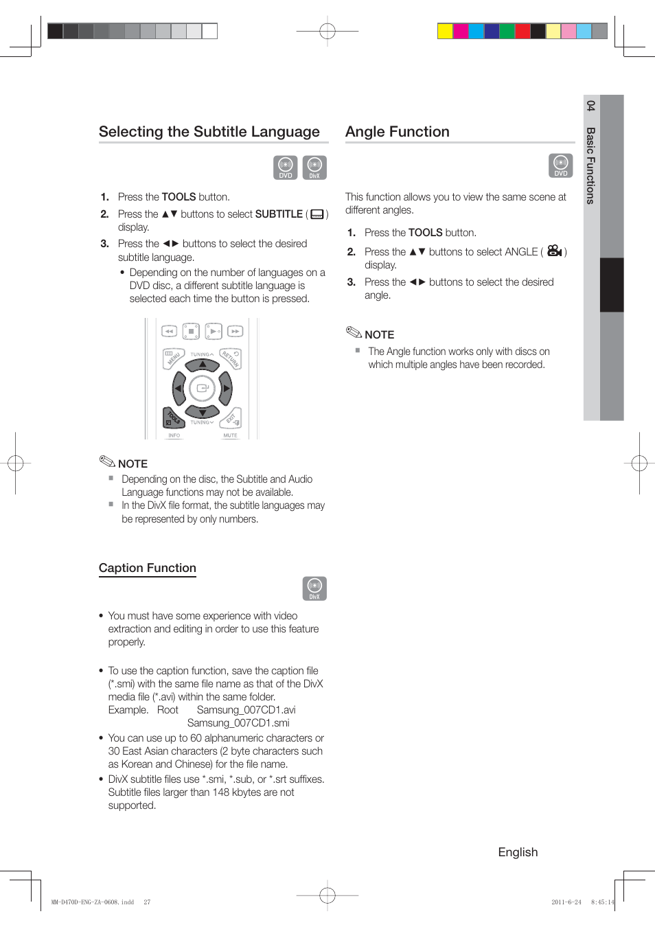 Selecting the subtitle language, Angle function | Samsung MM-D470D-ZA User Manual | Page 27 / 41