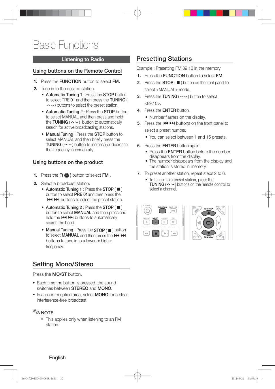 Basic functions, Setting mono/stereo, Presetting stations | Samsung MM-D470D-ZA User Manual | Page 30 / 41