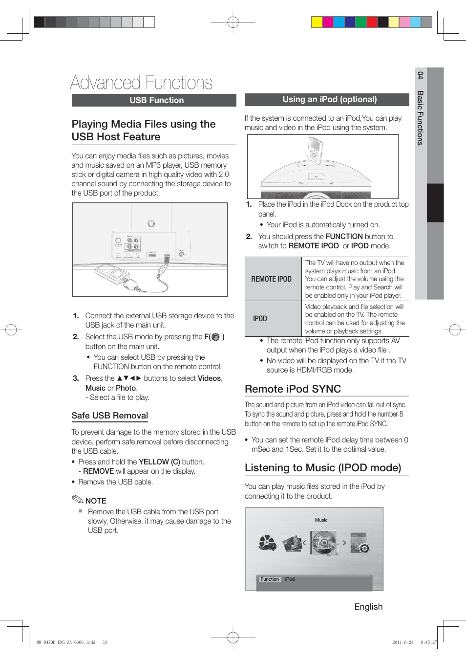 Advanced functions, Playing media files using the usb host feature, Remote ipod sync | Listening to music (ipod mode) | Samsung MM-D470D-ZA User Manual | Page 33 / 41