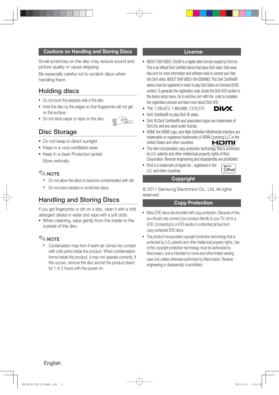 Holding discs, Disc storage, Handling and storing discs | Samsung MM-D470D-ZA User Manual | Page 4 / 41