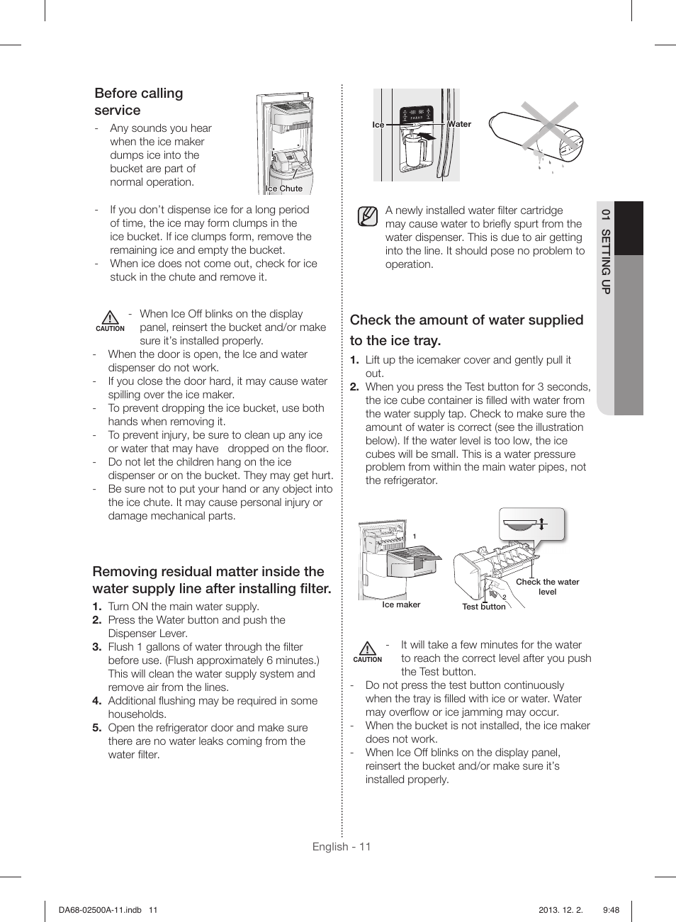 Before calling service, Check the amount of water supplied to the ice tray | Samsung RSG307AABP-XAA User Manual | Page 11 / 64