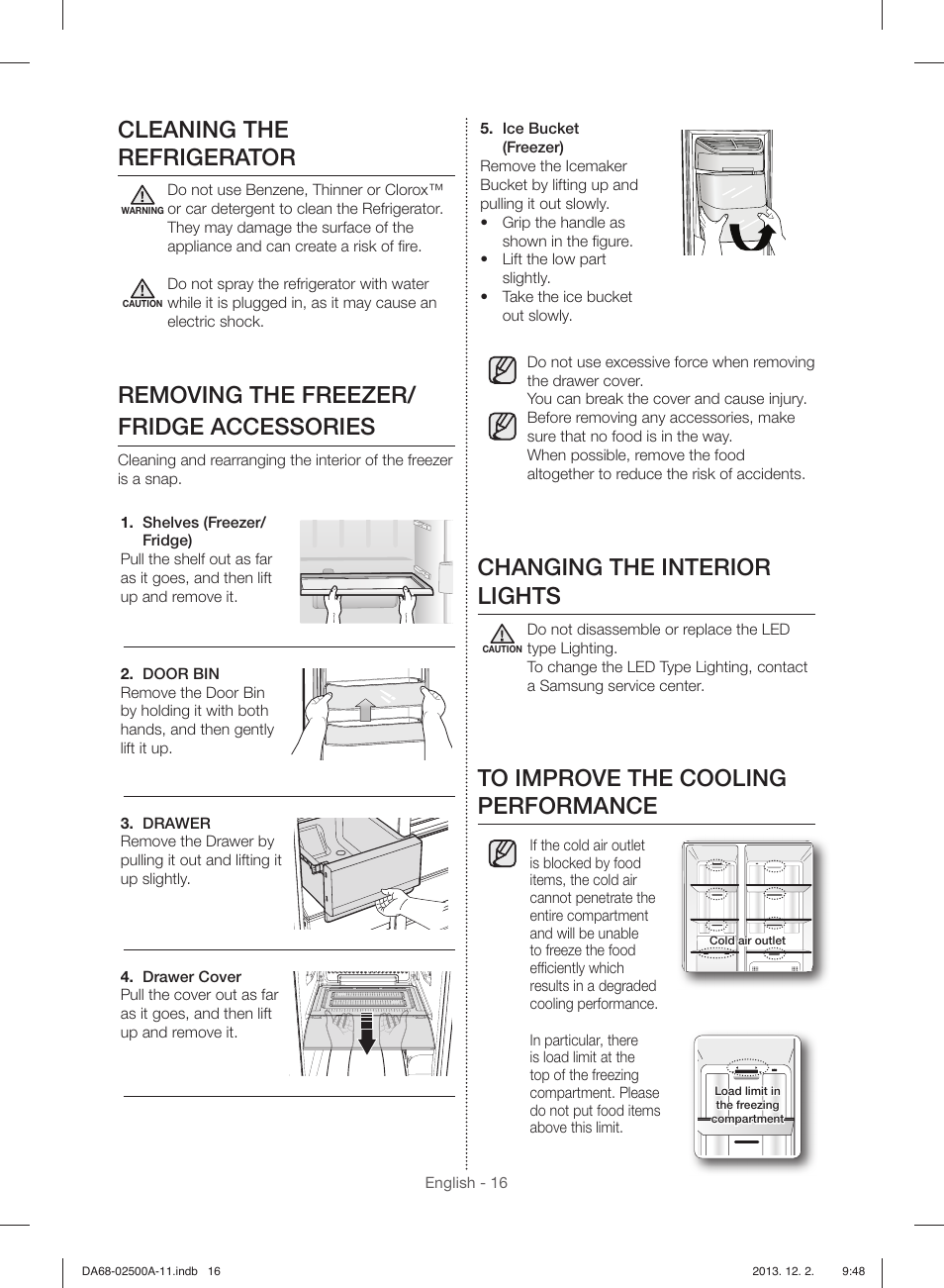 Cleaning the refrigerator, Removing the freezer/ fridge accessories, Changing the interior lights | Samsung RSG307AABP-XAA User Manual | Page 16 / 64