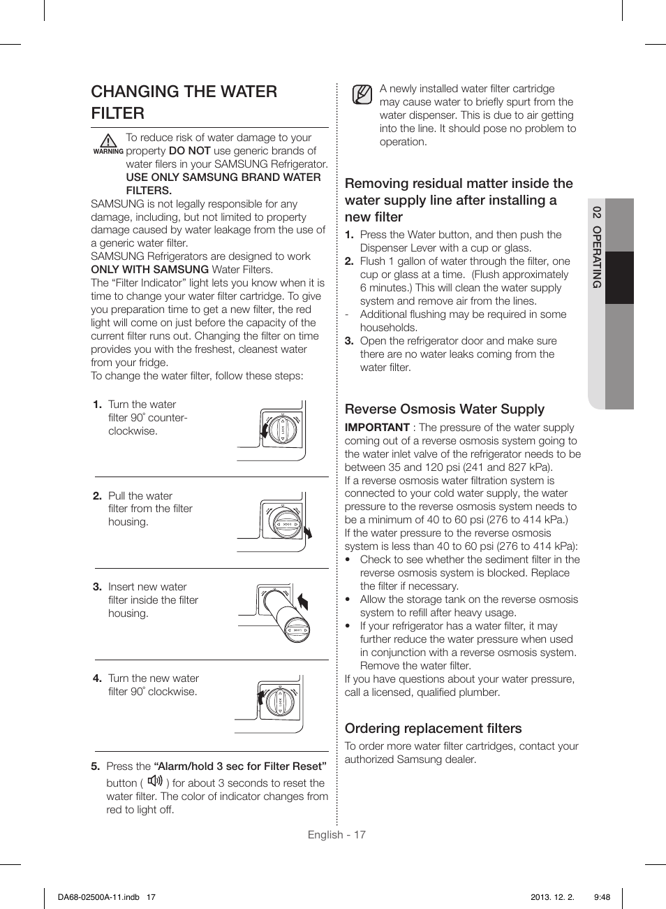 Changing the water filter, Reverse osmosis water supply, Ordering replacement ﬁ lters | Samsung RSG307AABP-XAA User Manual | Page 17 / 64