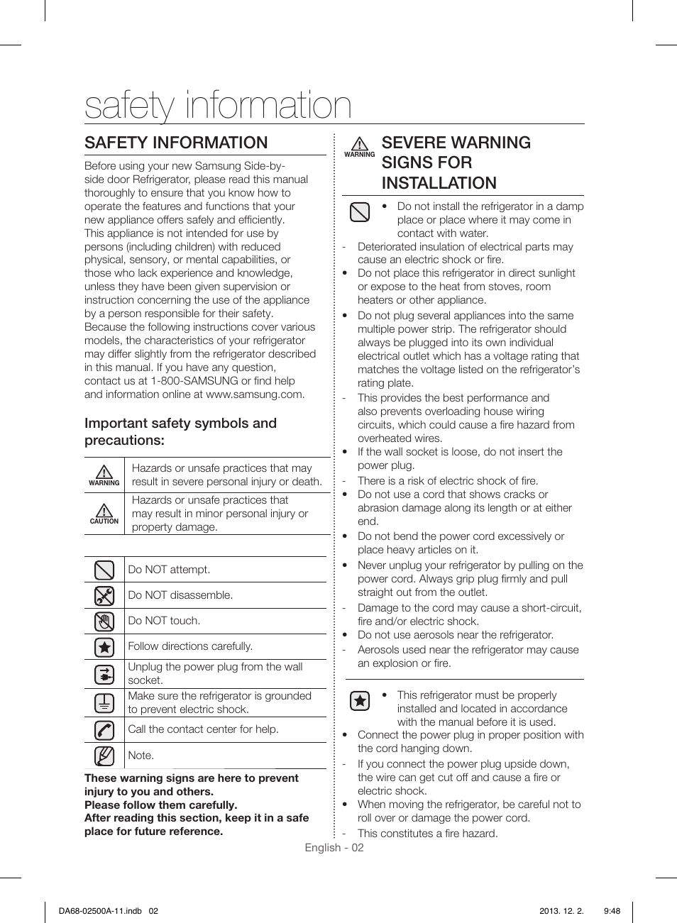 Safety information, Severe warning signs for installation, Important safety symbols and precautions | Samsung RSG307AABP-XAA User Manual | Page 2 / 64