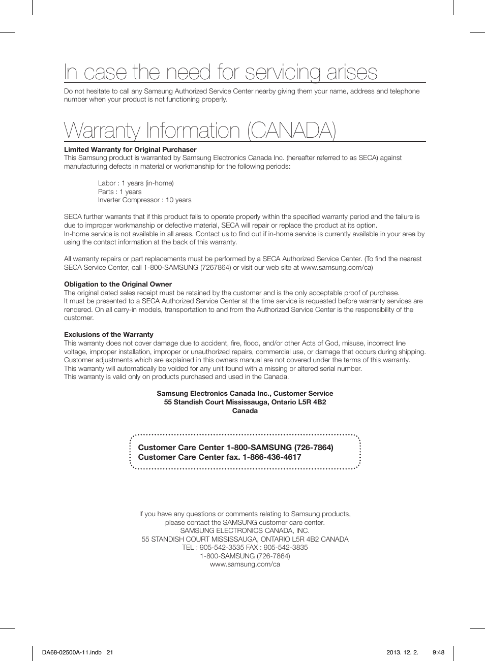 Warranty information (canada) | Samsung RSG307AABP-XAA User Manual | Page 21 / 64