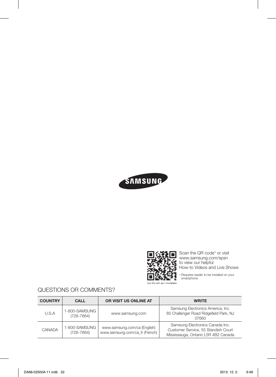 Questions or comments | Samsung RSG307AABP-XAA User Manual | Page 22 / 64