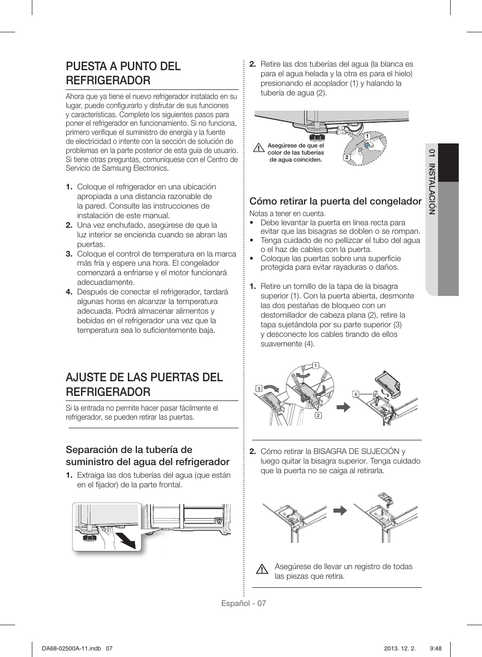 Puesta a punto del refrigerador, Ajuste de las puertas del refrigerador, Cómo retirar la puerta del congelador | Samsung RSG307AABP-XAA User Manual | Page 29 / 64