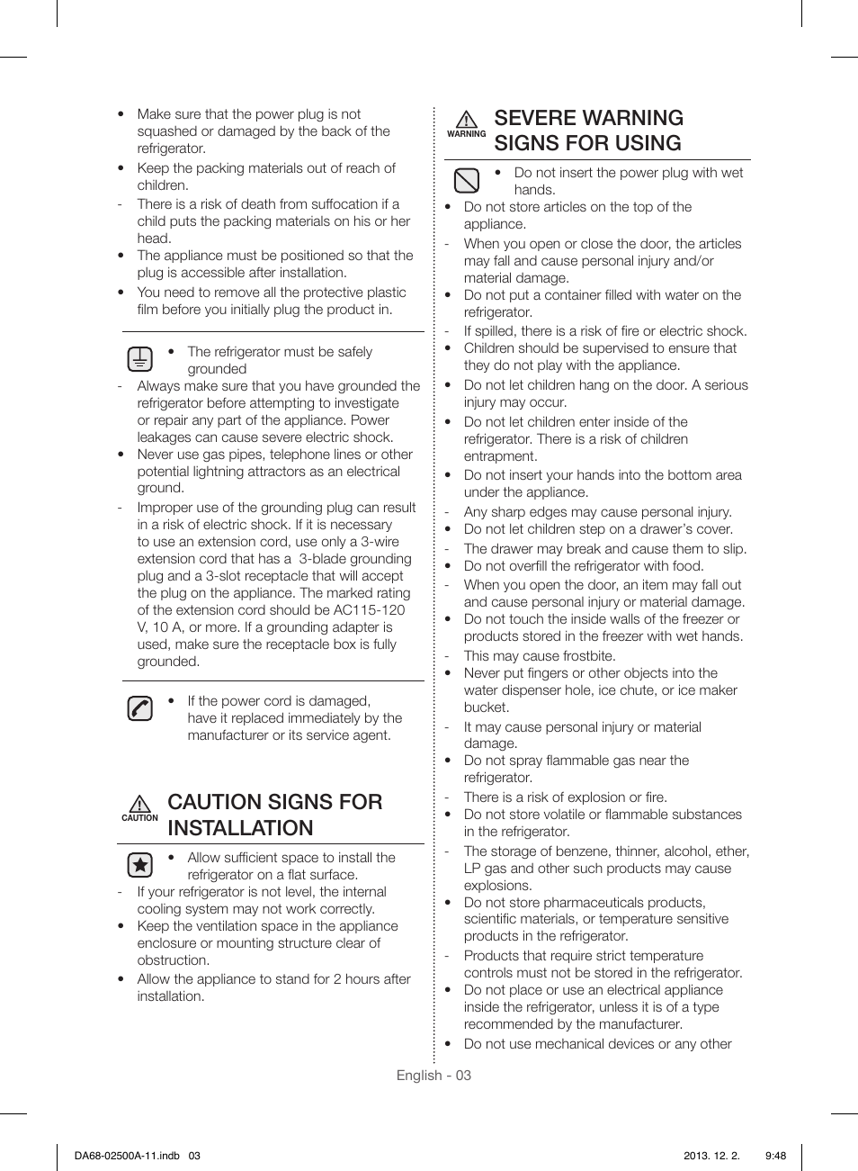 Caution signs for installation, Severe warning signs for using | Samsung RSG307AABP-XAA User Manual | Page 3 / 64