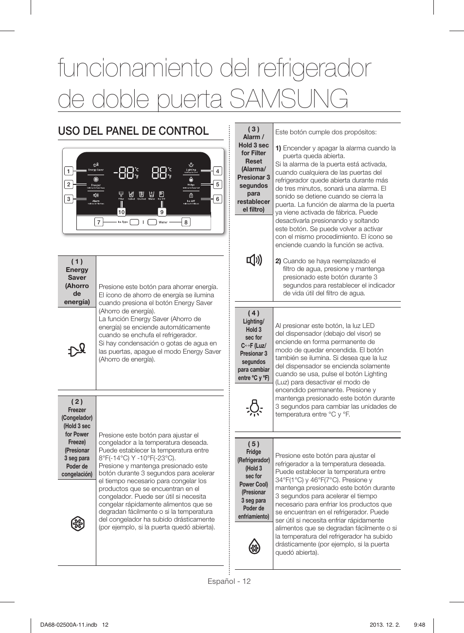 Uso del panel de control | Samsung RSG307AABP-XAA User Manual | Page 34 / 64