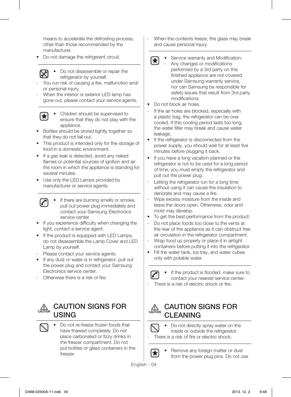 Caution signs for using, Caution signs for cleaning | Samsung RSG307AABP-XAA User Manual | Page 4 / 64