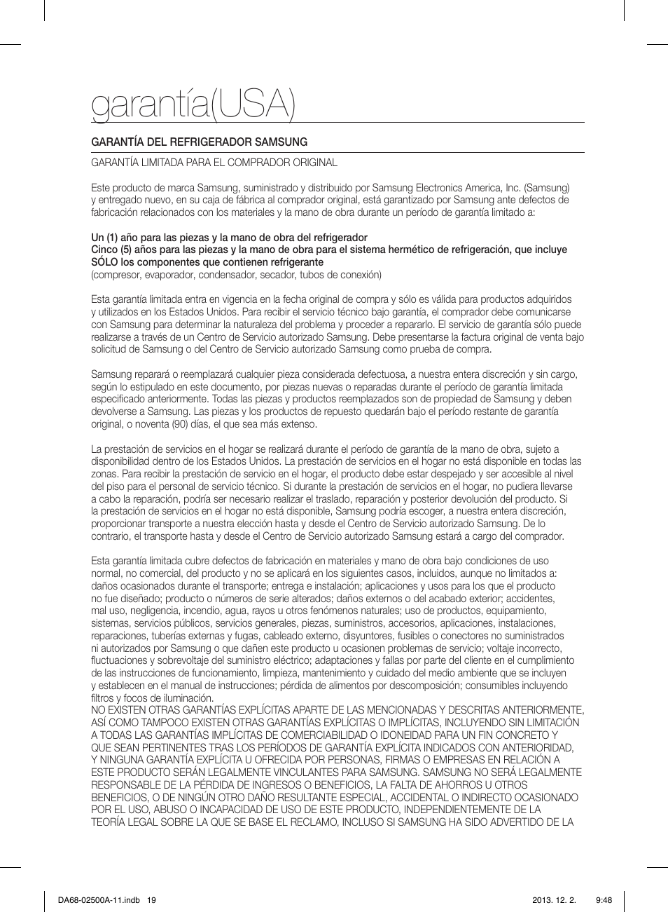 Garantía(usa) | Samsung RSG307AABP-XAA User Manual | Page 41 / 64