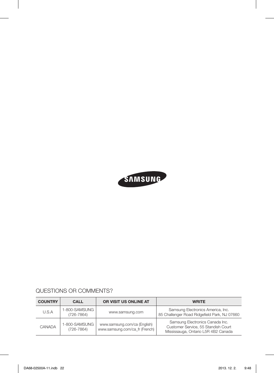 Questions or comments | Samsung RSG307AABP-XAA User Manual | Page 44 / 64