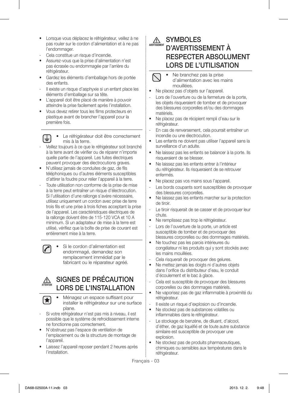 Signes de précaution lors de l’installation | Samsung RSG307AABP-XAA User Manual | Page 47 / 64