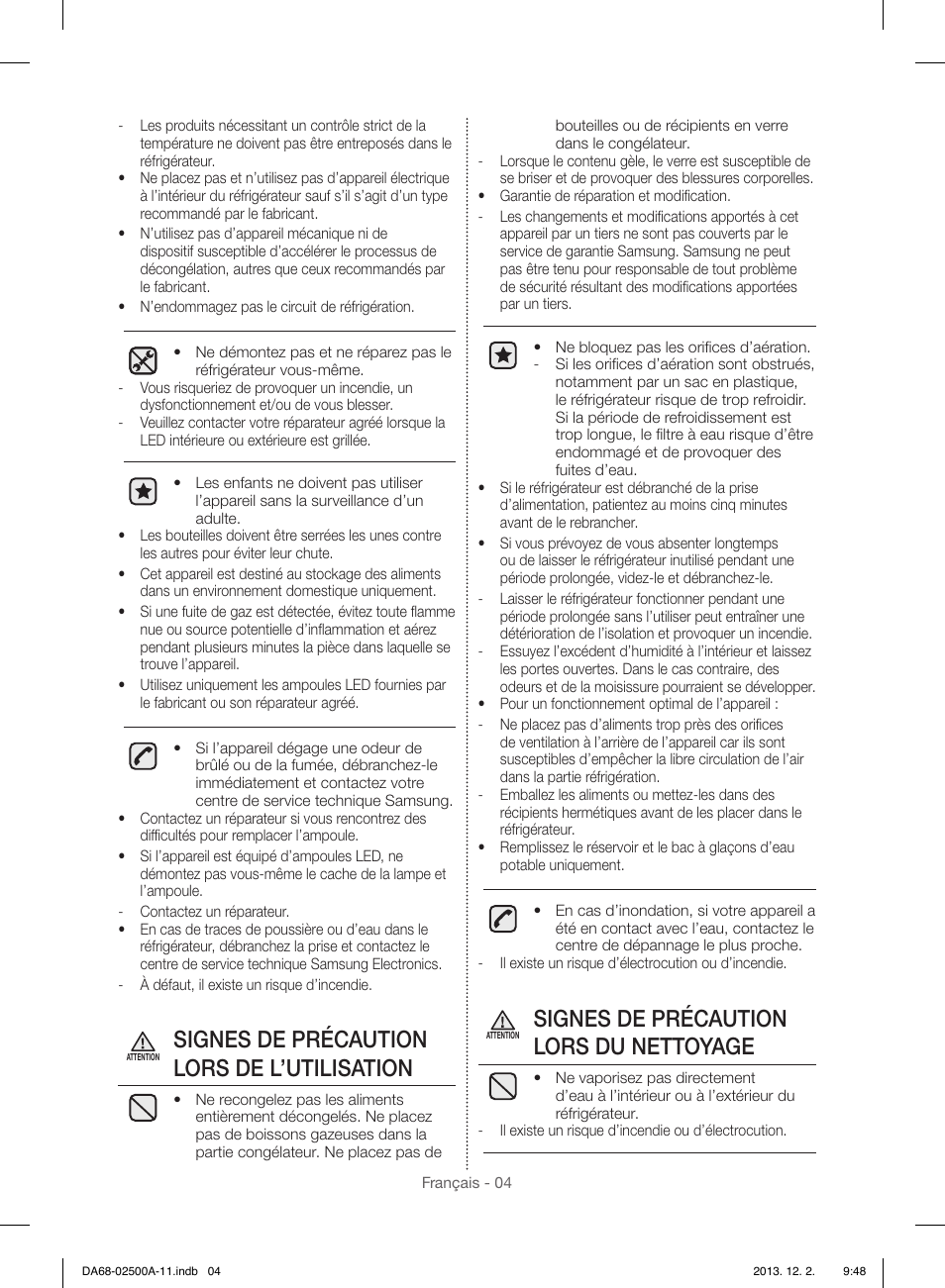 Signes de précaution lors de l’utilisation, Signes de précaution lors du nettoyage | Samsung RSG307AABP-XAA User Manual | Page 48 / 64