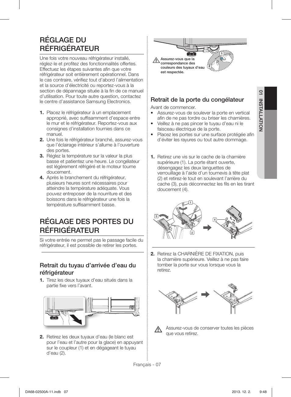 Réglage du réfrigérateur, Réglage des portes du réfrigérateur, Retrait du tuyau d’arrivée d’eau du réfrigérateur | Retrait de la porte du congélateur | Samsung RSG307AABP-XAA User Manual | Page 51 / 64