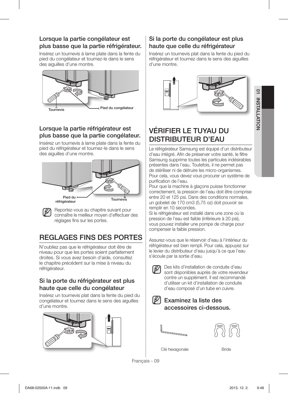 Reglages fins des portes, Vérifier le tuyau du distributeur d’eau, Examinez la liste des accessoires ci-dessous | Samsung RSG307AABP-XAA User Manual | Page 53 / 64