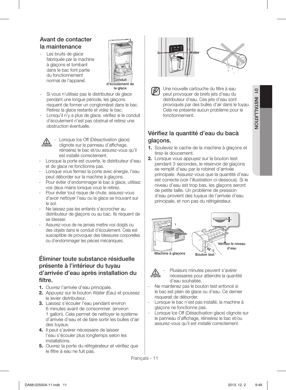 Avant de contacter la maintenance, Vériﬁ ez la quantité d’eau du bacà glaçons | Samsung RSG307AABP-XAA User Manual | Page 55 / 64