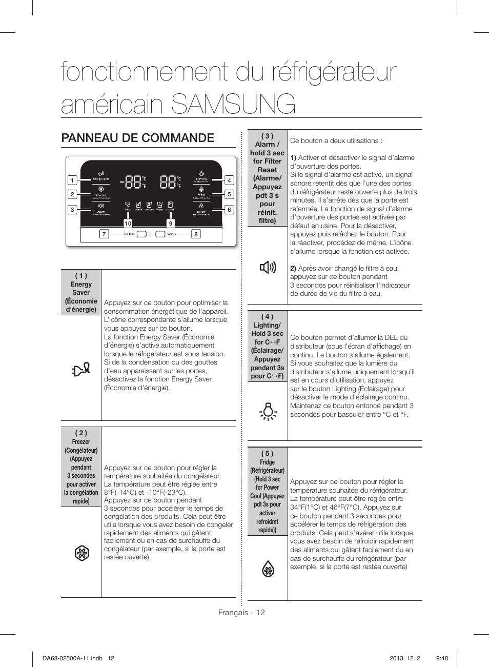 Fonctionnement du réfrigérateur américain samsung, Panneau de commande | Samsung RSG307AABP-XAA User Manual | Page 56 / 64