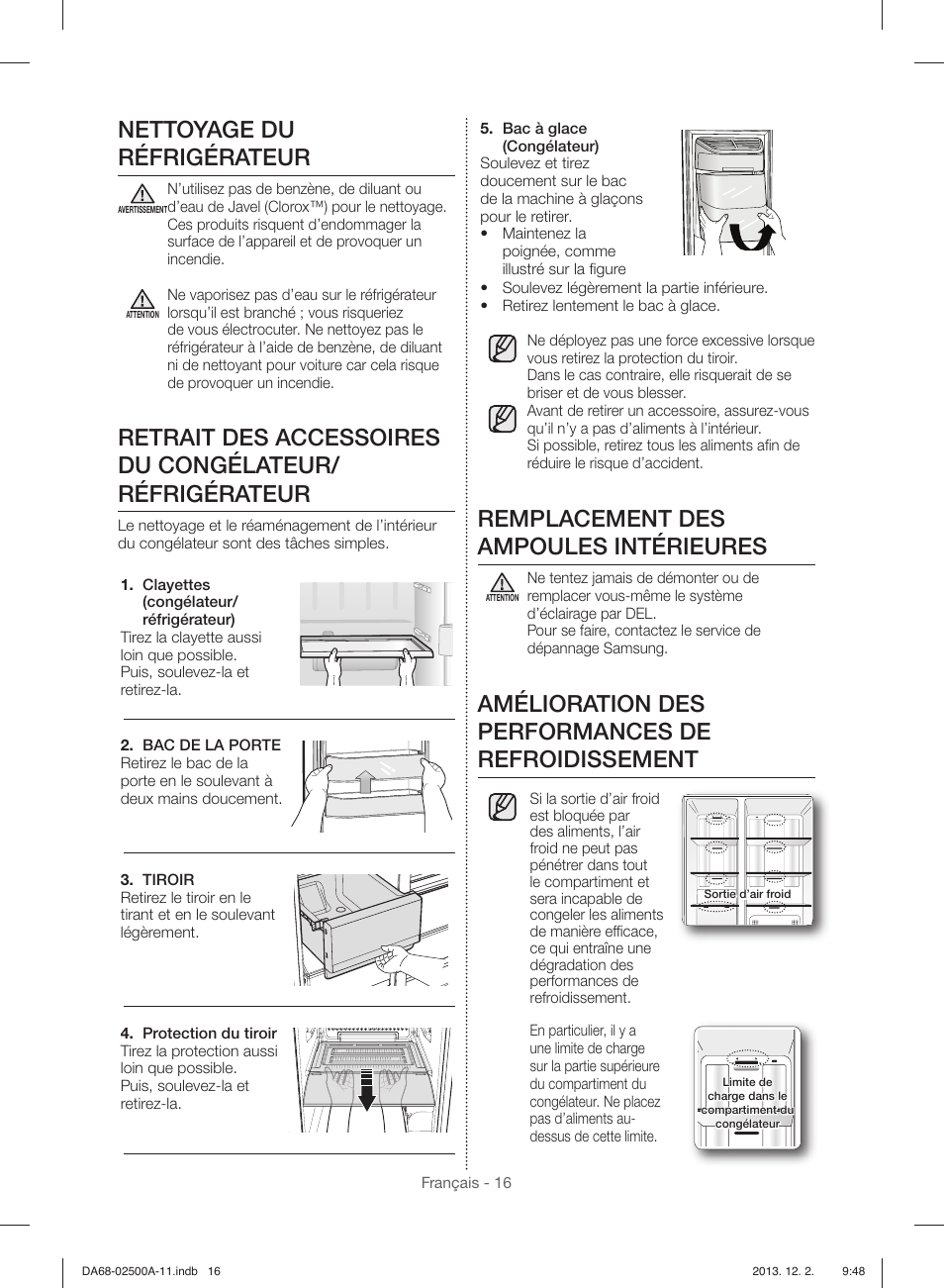 Nettoyage du réfrigérateur, Remplacement des ampoules intérieures, Amélioration des performances de refroidissement | Samsung RSG307AABP-XAA User Manual | Page 60 / 64