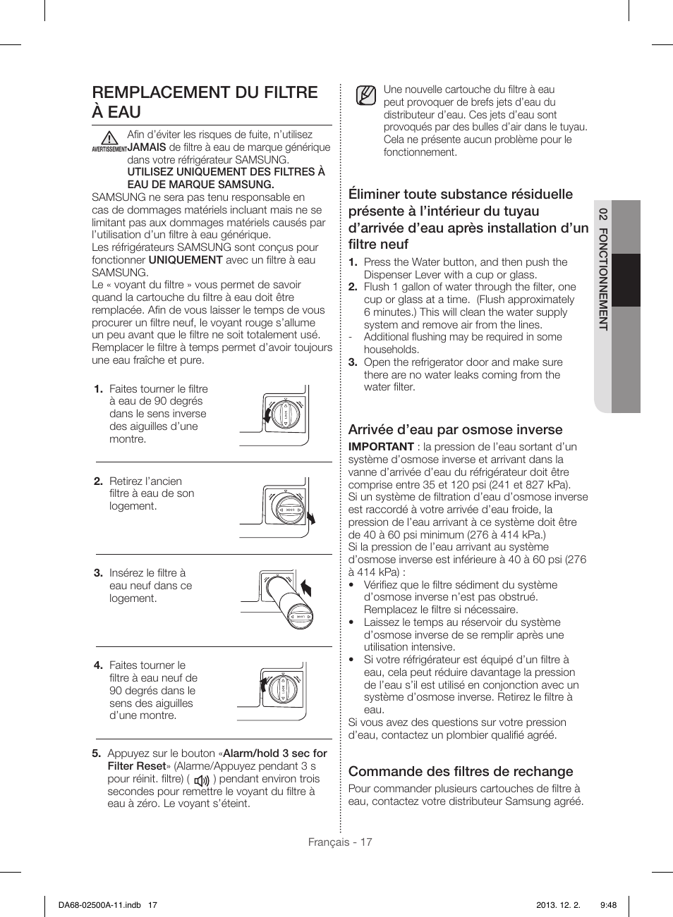 Remplacement du filtre à eau, Arrivée d’eau par osmose inverse, Commande des ﬁ ltres de rechange | Samsung RSG307AABP-XAA User Manual | Page 61 / 64