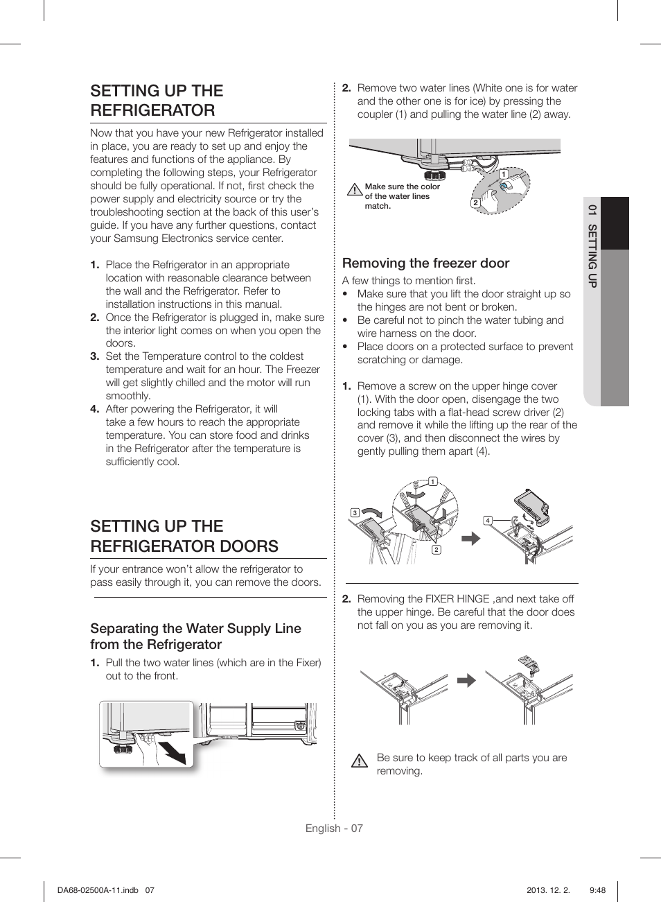 Setting up the refrigerator, Setting up the refrigerator doors, Removing the freezer door | Samsung RSG307AABP-XAA User Manual | Page 7 / 64