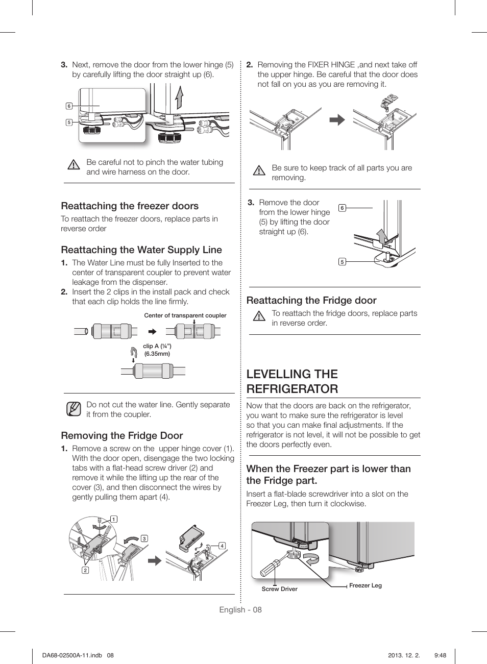 Levelling the refrigerator, Reattaching the freezer doors, Reattaching the water supply line | Removing the fridge door, Reattaching the fridge door | Samsung RSG307AABP-XAA User Manual | Page 8 / 64