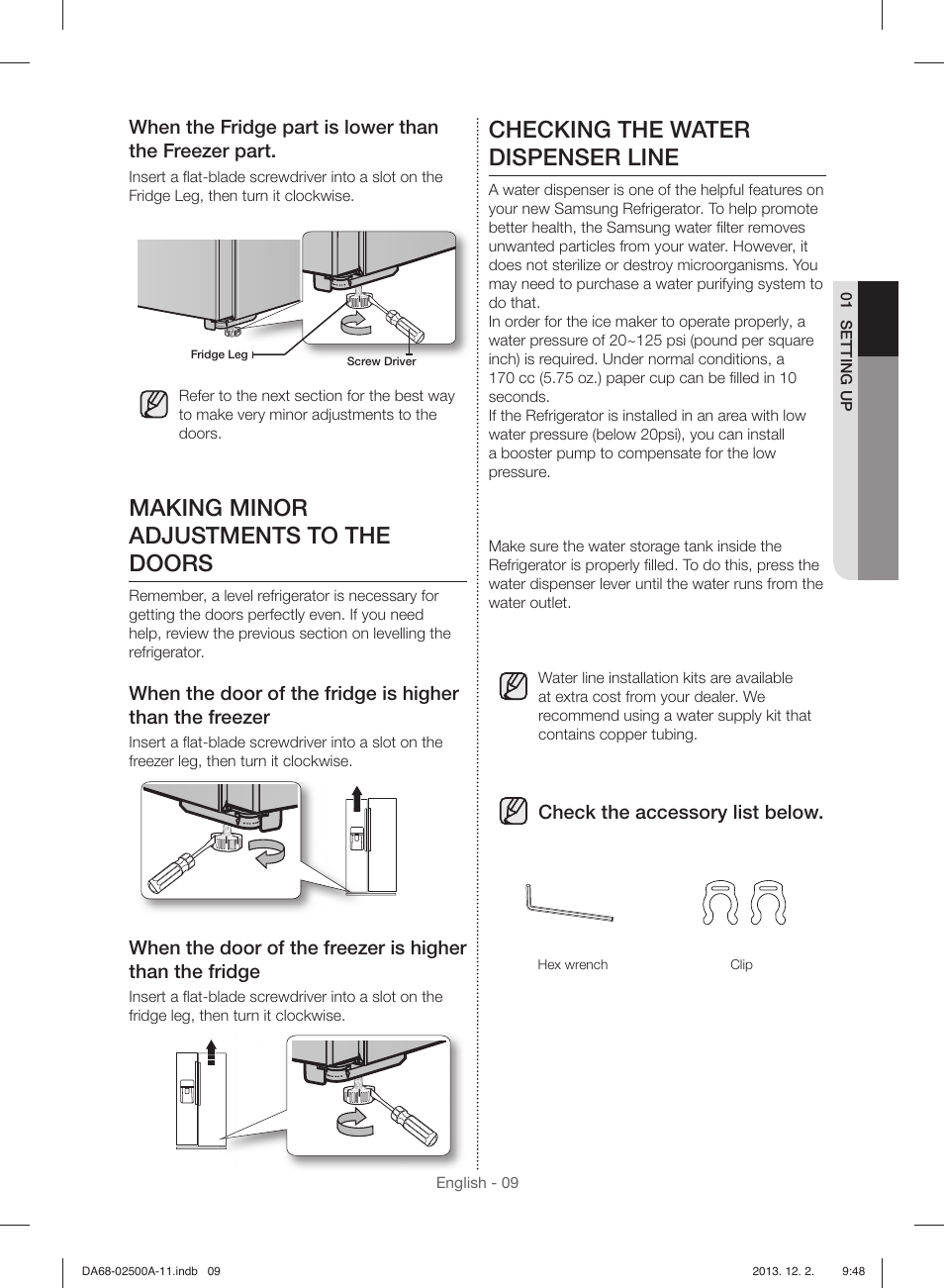 Making minor adjustments to the doors, Checking the water dispenser line, Check the accessory list below | Samsung RSG307AABP-XAA User Manual | Page 9 / 64