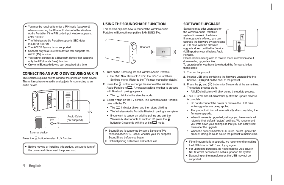 Connecting an audio device using aux in, Using the soundshare function, Software upgrade | Bass func. mute vol | Samsung DA-F60-ZA User Manual | Page 4 / 8