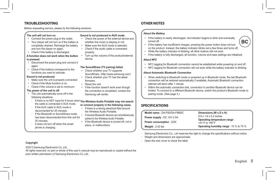 Troubleshooting, Other notes, Specifications | Samsung DA-F60-ZA User Manual | Page 5 / 8