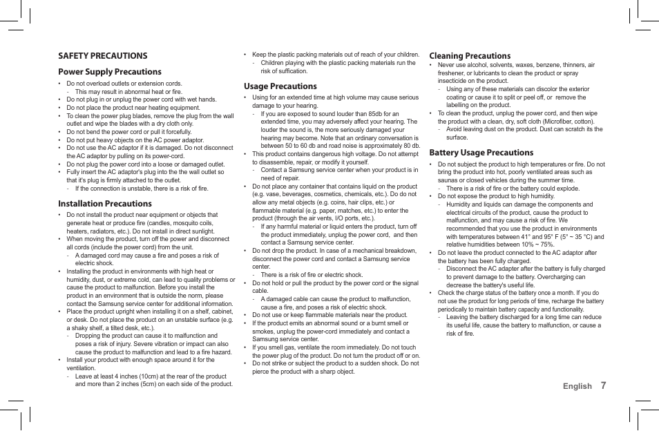 Safety precautions power supply precautions, Installation precautions, Usage precautions | Cleaning precautions, Battery usage precautions | Samsung DA-F60-ZA User Manual | Page 7 / 8
