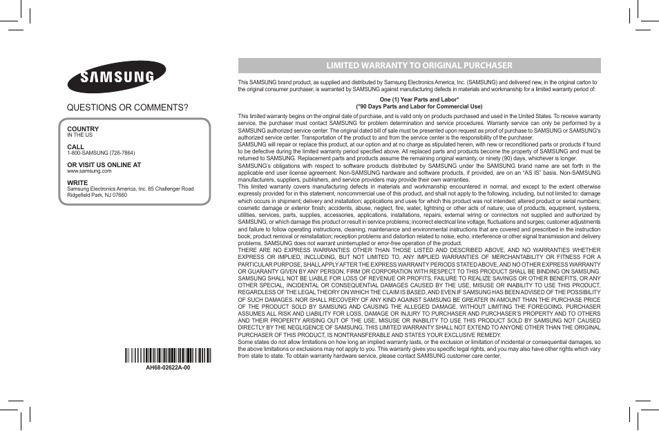 Limited warranty to original purchaser, Questions or comments | Samsung DA-F60-ZA User Manual | Page 8 / 8