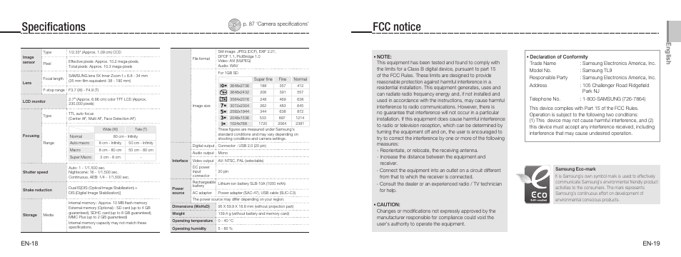 Specifications, Fcc notice, En glis h | En-18, En-1 | Samsung EC-TL9ZZPBA-US User Manual | Page 10 / 19