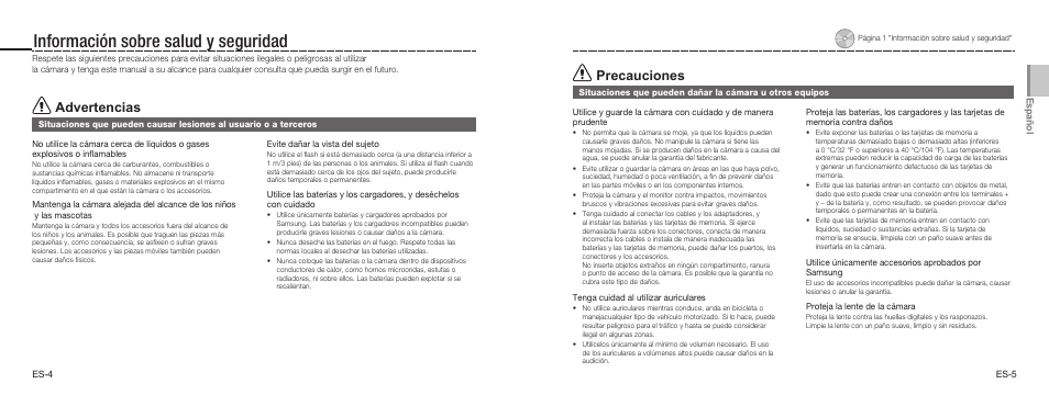 Información sobre salud y seguridad, Advertencias, Precauciones | Samsung EC-TL9ZZPBA-US User Manual | Page 12 / 19