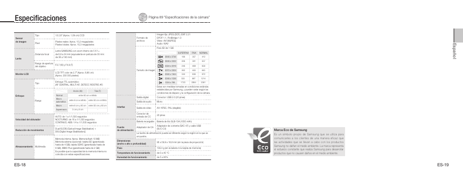 Especificaciones, Es pa ño l, Es-18 es-1 | Samsung EC-TL9ZZPBA-US User Manual | Page 19 / 19