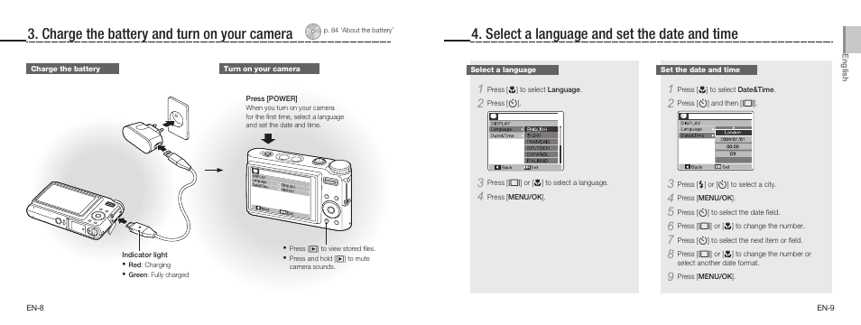 Charge the battery and turn on your camera, Select a language and set the date and time | Samsung EC-TL9ZZPBA-US User Manual | Page 5 / 19