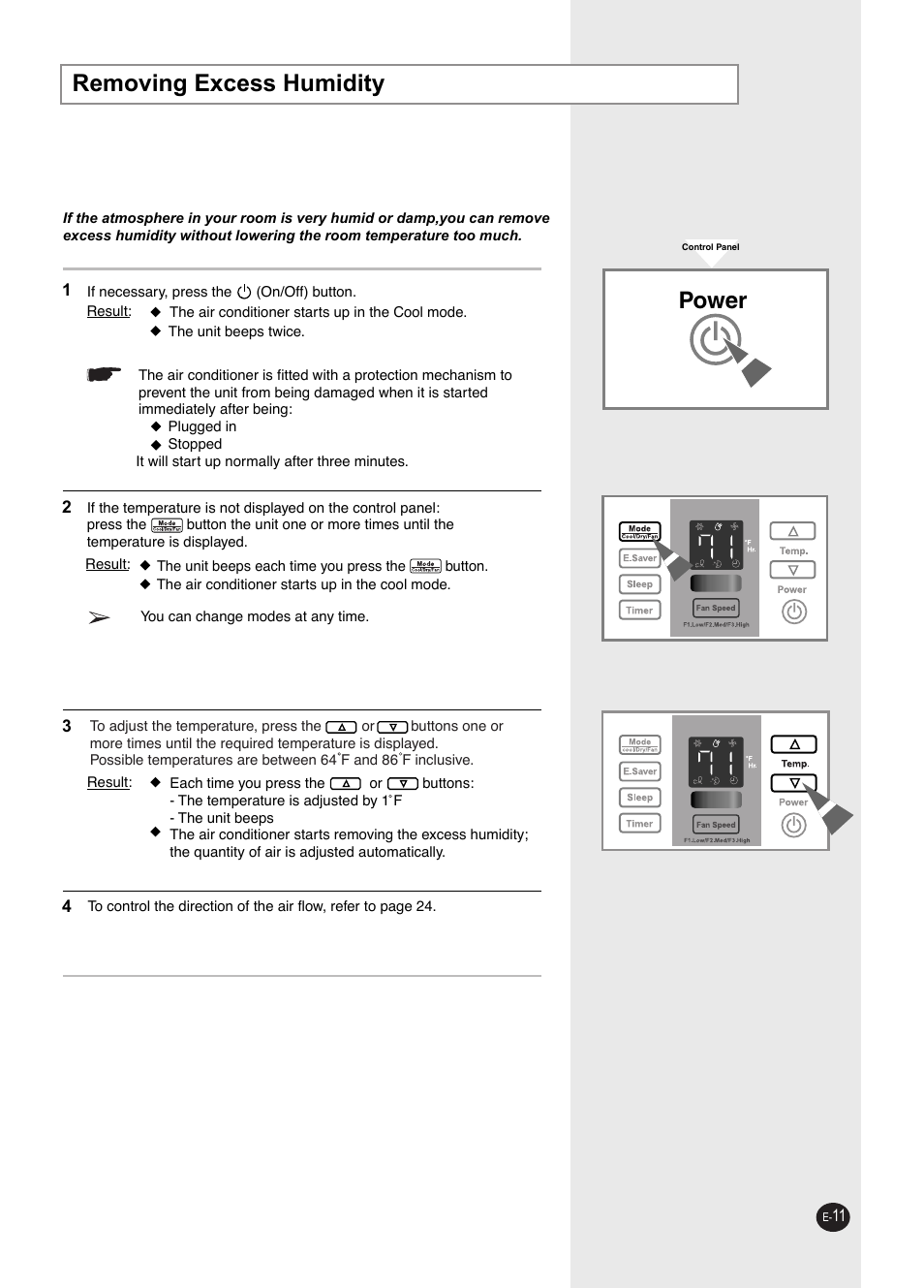 Removing excess humidity, Power | Samsung AW0593L-XAA User Manual | Page 11 / 28